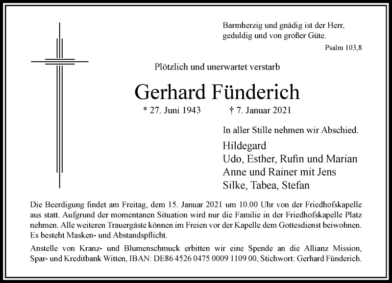  Traueranzeige für Gerhard Fünderich vom 13.01.2021 aus Rheinische Post