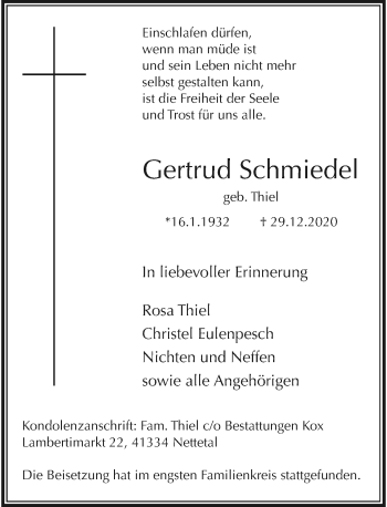 Traueranzeige von Gertrud Schmiedel von Rheinische Post