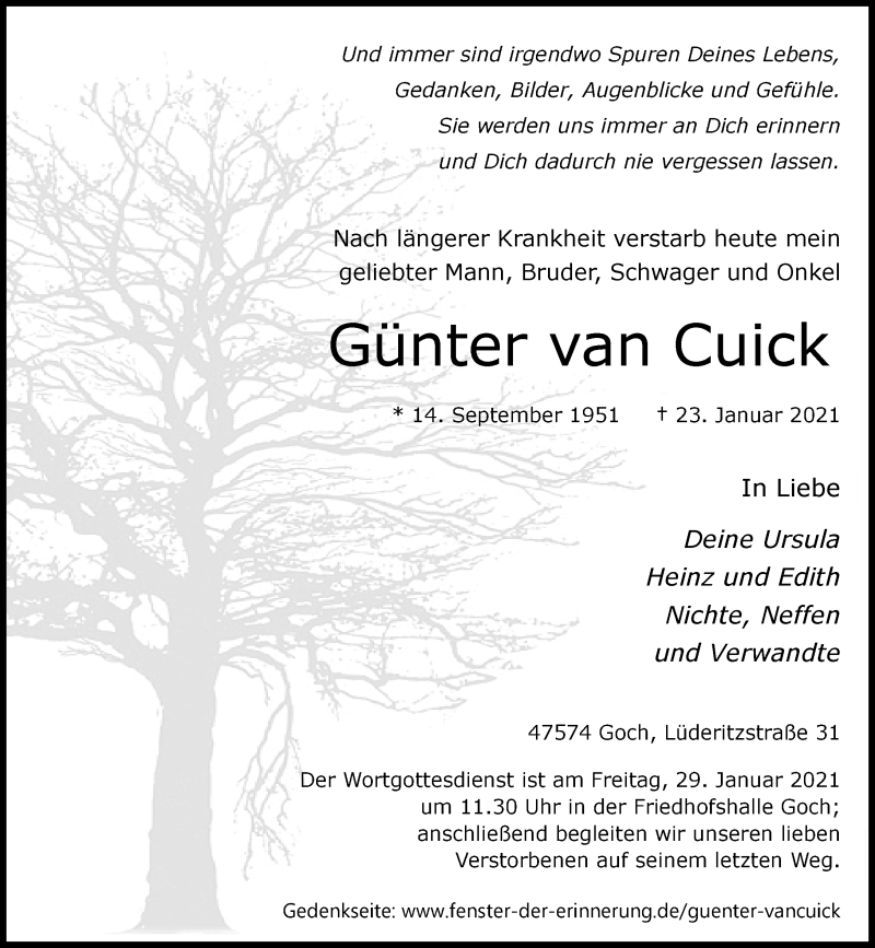  Traueranzeige für Günter van Cuick vom 27.01.2021 aus Rheinische Post
