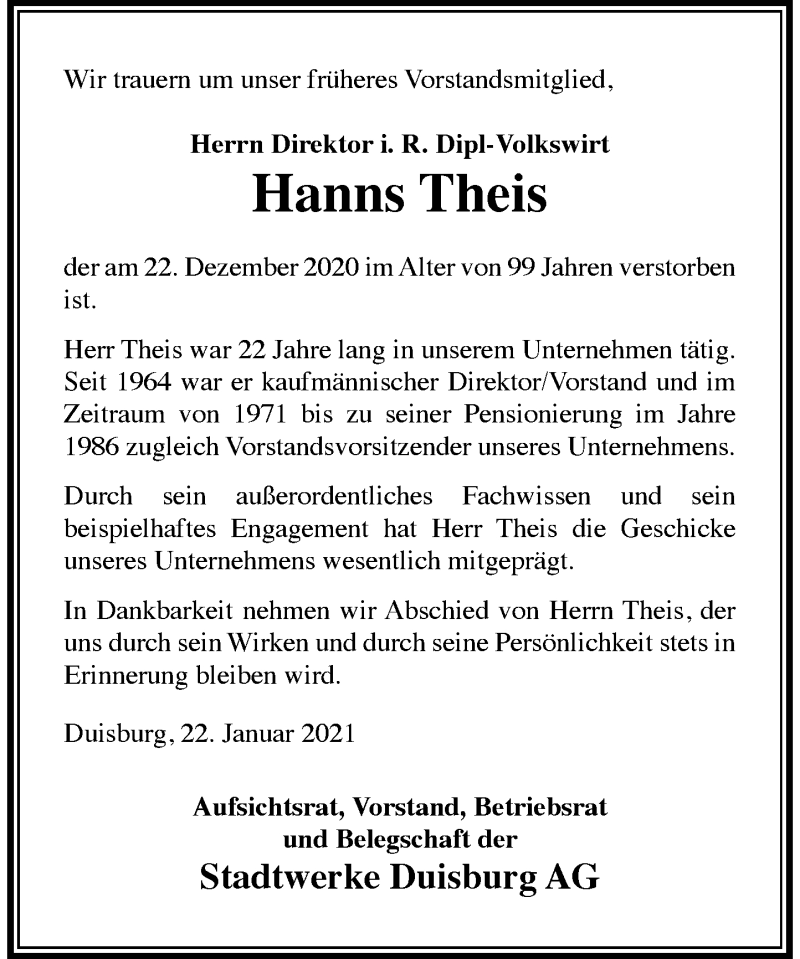  Traueranzeige für Hanns Theis vom 22.01.2021 aus Rheinische Post