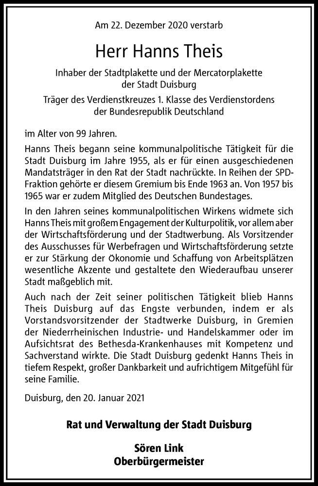  Traueranzeige für Hanns Theis vom 21.01.2021 aus Rheinische Post