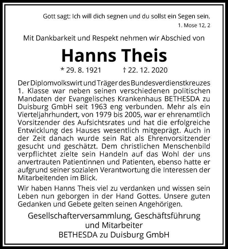  Traueranzeige für Hanns Theis vom 09.01.2021 aus Rheinische Post