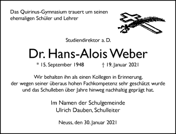 Traueranzeige von Hans-Alois Weber von Rheinische Post