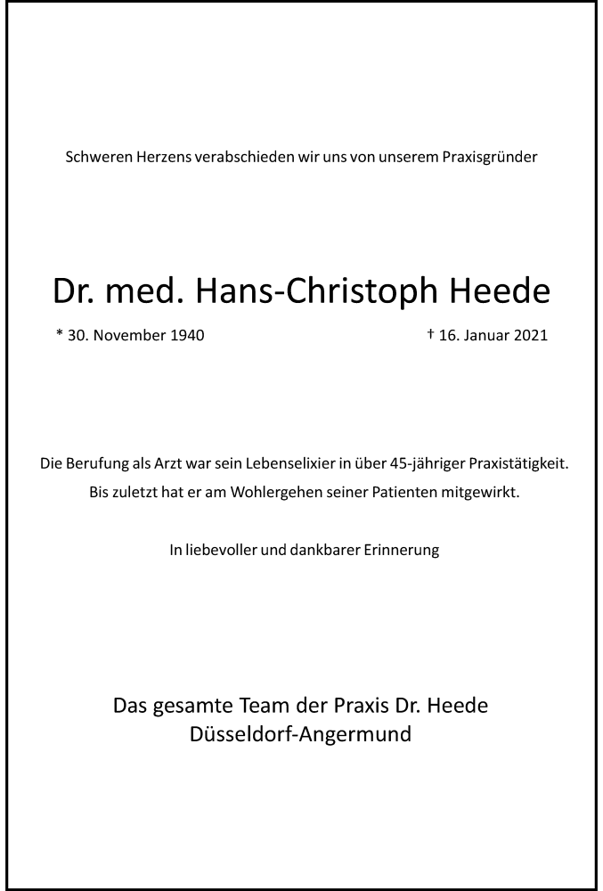  Traueranzeige für Hans-Christoph Heede vom 23.01.2021 aus Rheinische Post
