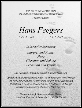 Traueranzeige von Hans Feegers von Rheinische Post