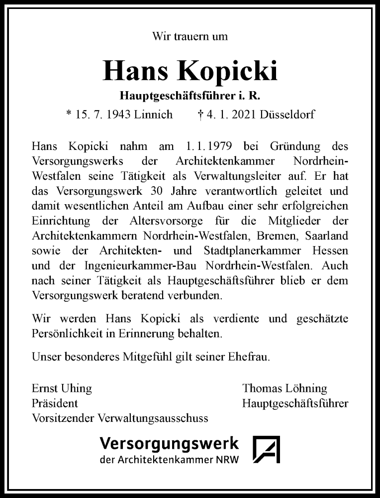  Traueranzeige für Hans Kopicki vom 09.01.2021 aus Rheinische Post