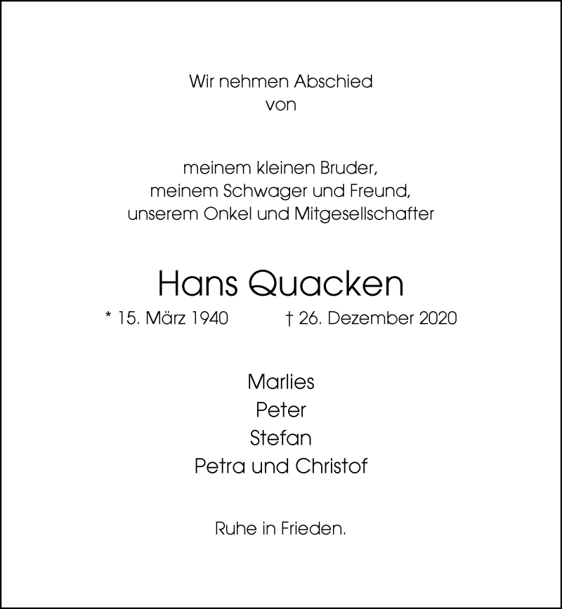  Traueranzeige für Hans Quacken vom 09.01.2021 aus Rheinische Post