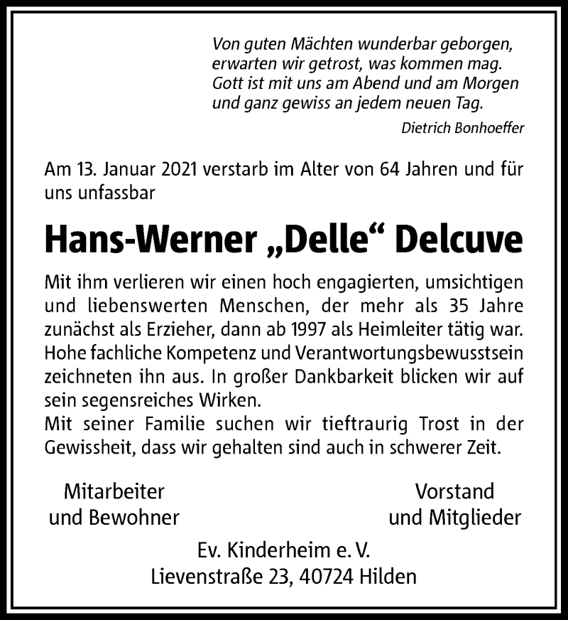  Traueranzeige für Hans-Werner Delcuve vom 19.01.2021 aus Rheinische Post