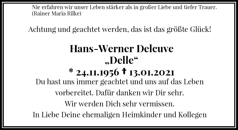  Traueranzeige für Hans-Werner Delcuve vom 20.01.2021 aus Rheinische Post