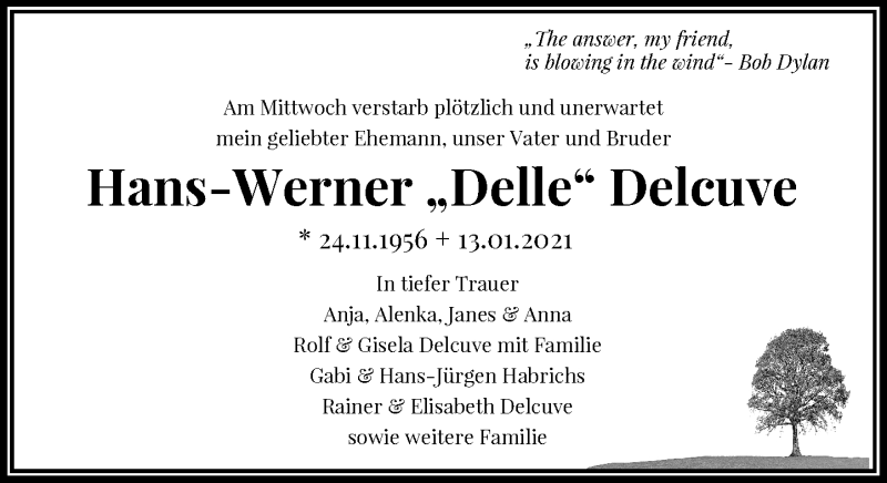  Traueranzeige für Hans-Werner Delcuve vom 16.01.2021 aus Rheinische Post