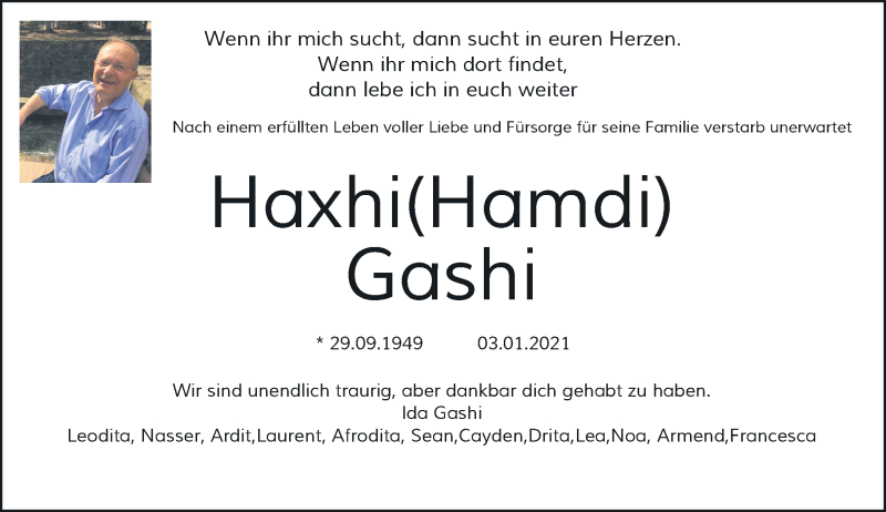  Traueranzeige für Haxhi Gashi vom 28.01.2021 aus Rheinische Post