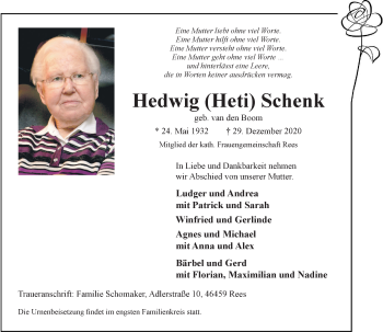 Traueranzeige von Hedwig  Schenk von Rheinische Post