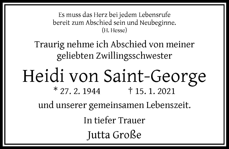  Traueranzeige für Heidi von Saint-George vom 23.01.2021 aus Rheinische Post