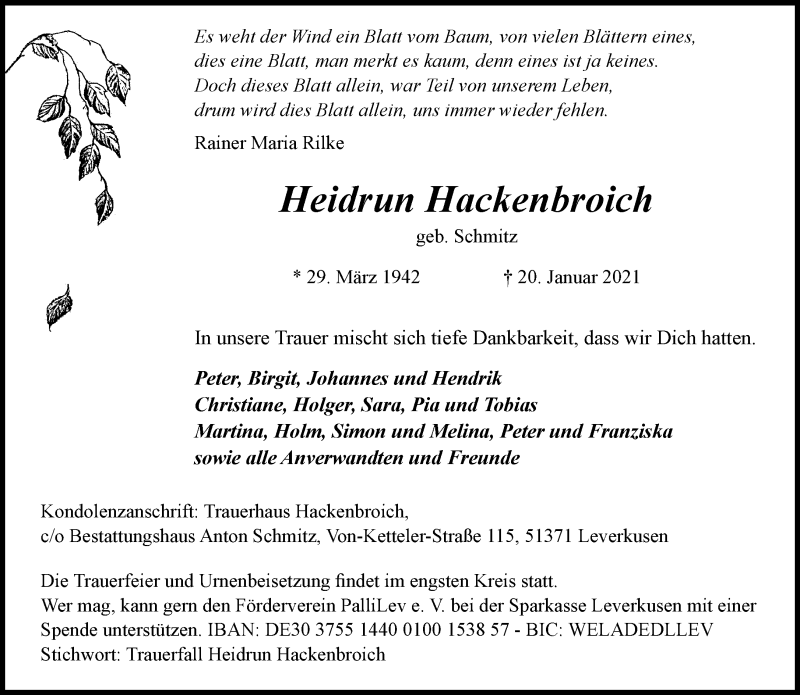  Traueranzeige für Heidrun Hackenbroich vom 30.01.2021 aus Rheinische Post