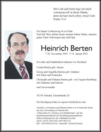 Traueranzeige von Heinrich Berten von Rheinische Post