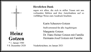 Traueranzeige von Heinz Gotzen von Rheinische Post