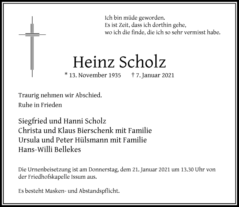  Traueranzeige für Heinz Scholz vom 16.01.2021 aus Rheinische Post