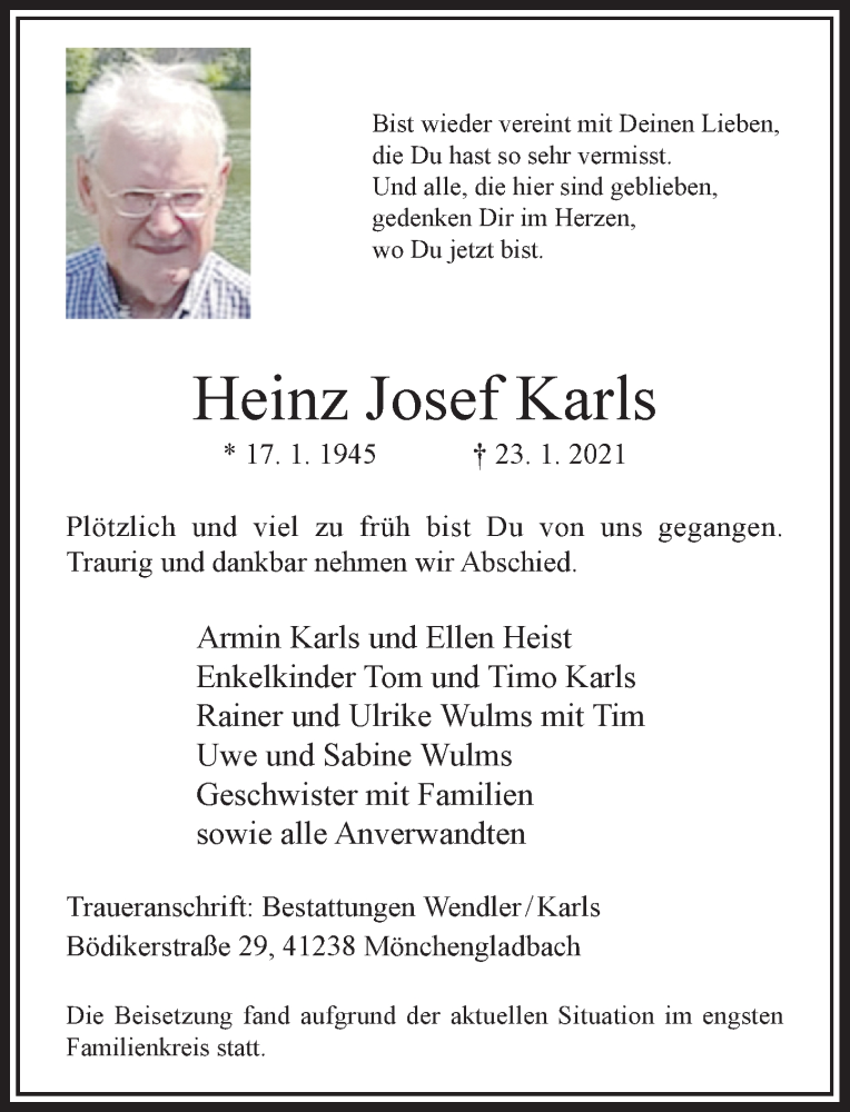  Traueranzeige für Heinz Josef Karls vom 30.01.2021 aus Rheinische Post