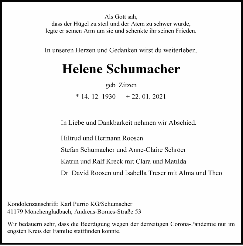  Traueranzeige für Helene Schumacher vom 27.01.2021 aus Rheinische Post