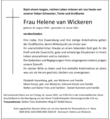 Traueranzeige von Helene van Wickeren von Rheinische Post