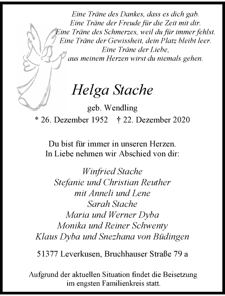  Traueranzeige für Helga Stache vom 09.01.2021 aus Rheinische Post