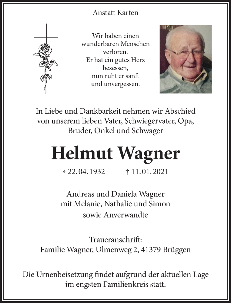  Traueranzeige für Helmut Wagner vom 16.01.2021 aus Rheinische Post