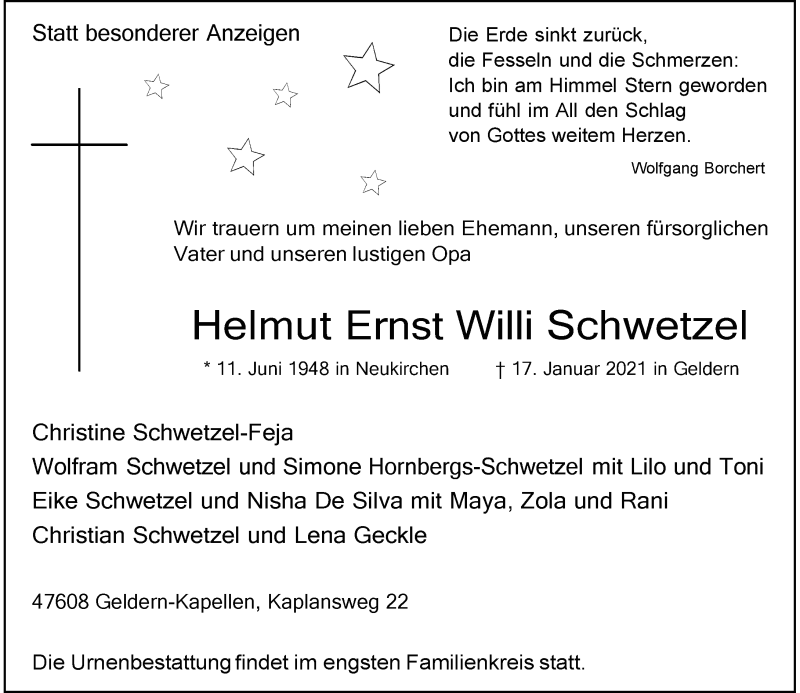  Traueranzeige für Helmut Ernst Willi Schwetzel vom 23.01.2021 aus Rheinische Post