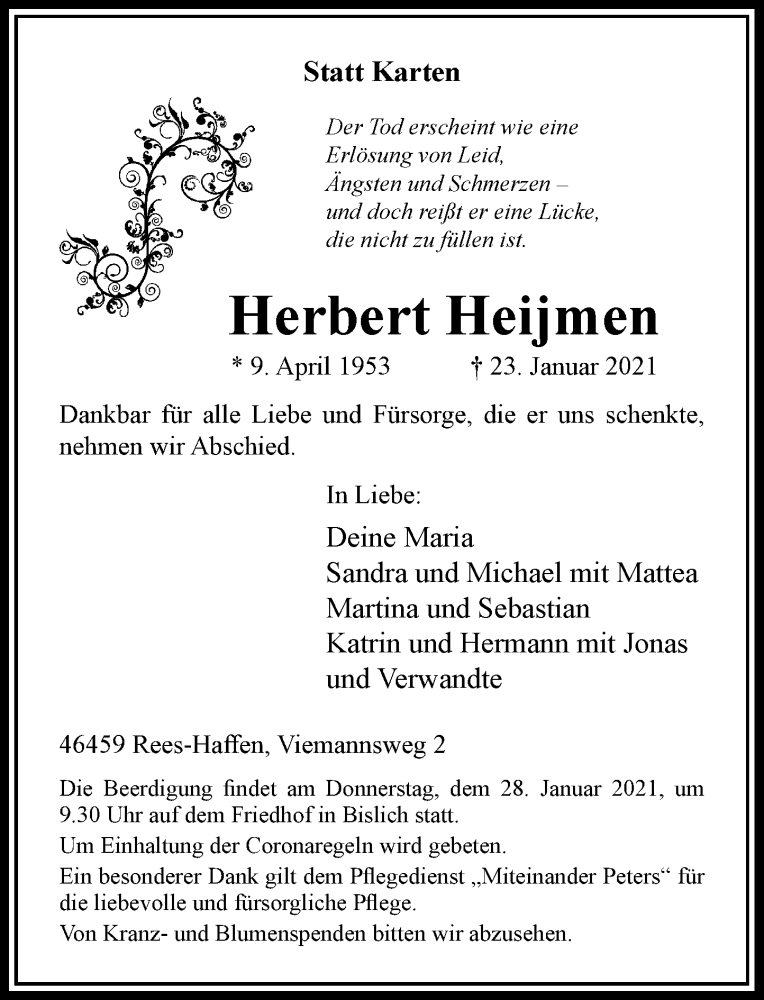  Traueranzeige für Herbert Heijmen vom 26.01.2021 aus Rheinische Post