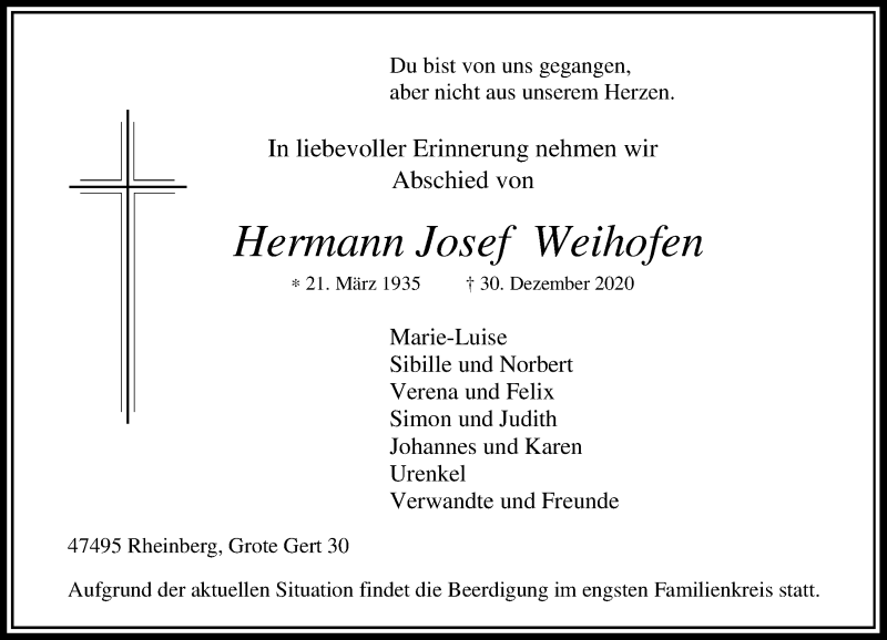  Traueranzeige für Hermann Josef Weihofen vom 04.01.2021 aus Rheinische Post
