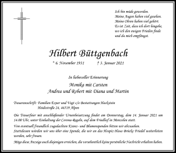 Traueranzeige von Hilbert Büttgenbach von Rheinische Post