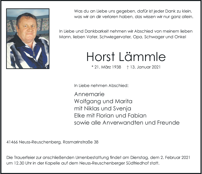  Traueranzeige für Horst Lämmle vom 30.01.2021 aus Rheinische Post