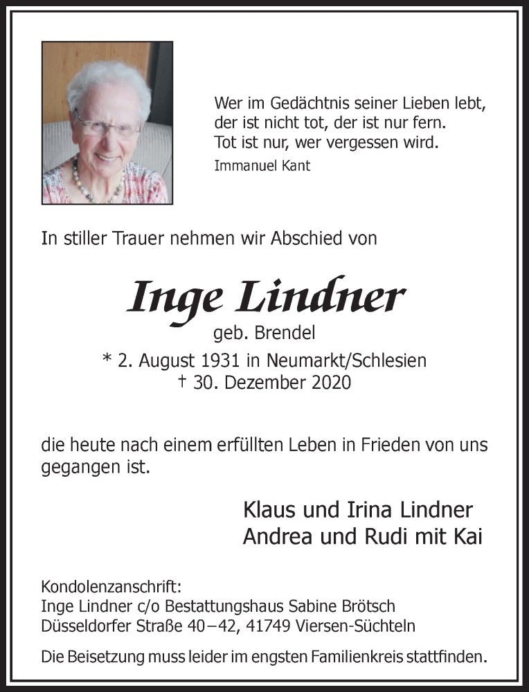  Traueranzeige für Inge Lindner vom 09.01.2021 aus Rheinische Post