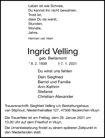 Traueranzeige von Ingrid Velling von Rheinische Post