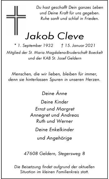 Traueranzeige von Jakob Cleve von Rheinische Post