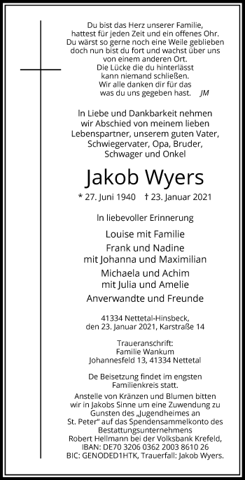 Traueranzeige von Jakob Wyers von Rheinische Post