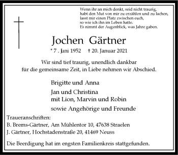 Traueranzeige von Jochen Gärtner von Rheinische Post