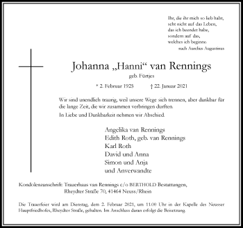 Traueranzeige von Johanna van Rennings von Rheinische Post