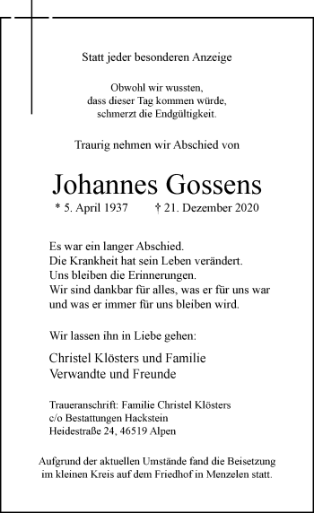 Traueranzeige von Johannes Gossens von Rheinische Post