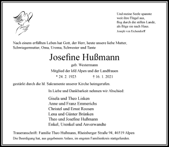 Traueranzeige von Josefine Hußmann von Rheinische Post