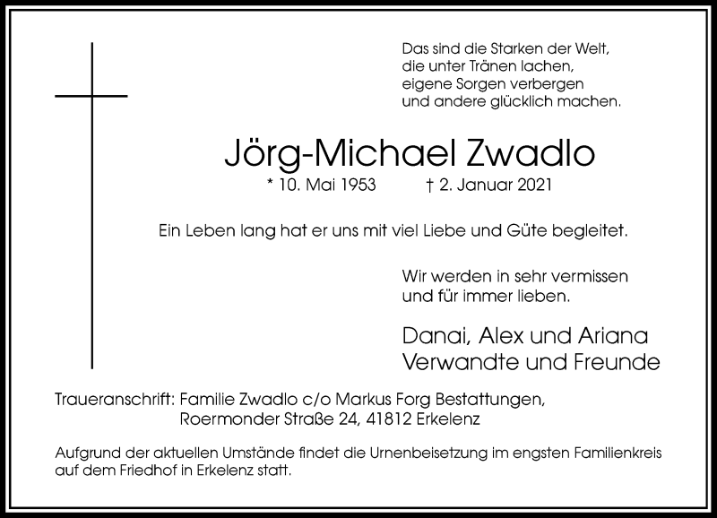  Traueranzeige für Jörg-Michael Zwadlo vom 09.01.2021 aus Rheinische Post