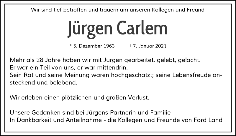  Traueranzeige für Jürgen Carlem vom 15.01.2021 aus Rheinische Post
