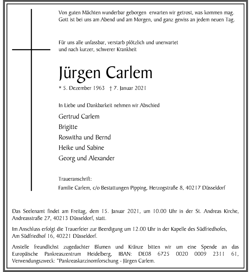  Traueranzeige für Jürgen Carlem vom 13.01.2021 aus Rheinische Post