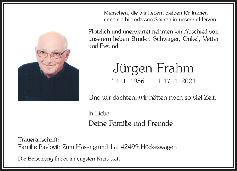  Traueranzeige für Jürgen Frahm vom 23.01.2021 aus Rheinische Post