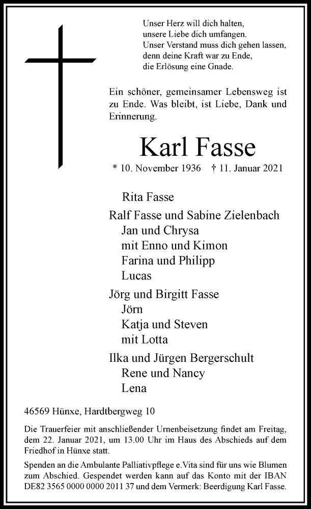  Traueranzeige für Karl Fasse vom 16.01.2021 aus Rheinische Post