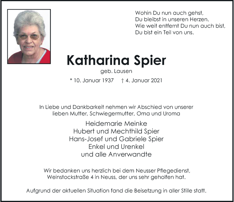  Traueranzeige für Katharina Spier vom 30.01.2021 aus Rheinische Post