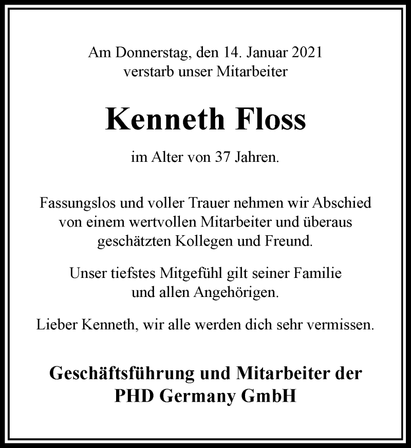  Traueranzeige für Kenneth Floss vom 22.01.2021 aus Rheinische Post
