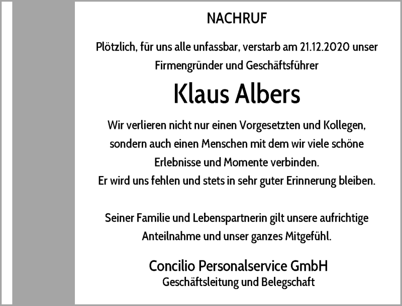  Traueranzeige für Klaus Albers vom 09.01.2021 aus Rheinische Post