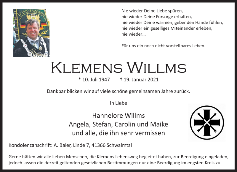  Traueranzeige für Klemens Willms vom 23.01.2021 aus Rheinische Post