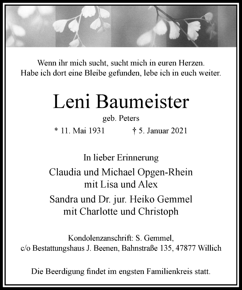  Traueranzeige für Leni Baumeister vom 09.01.2021 aus Rheinische Post