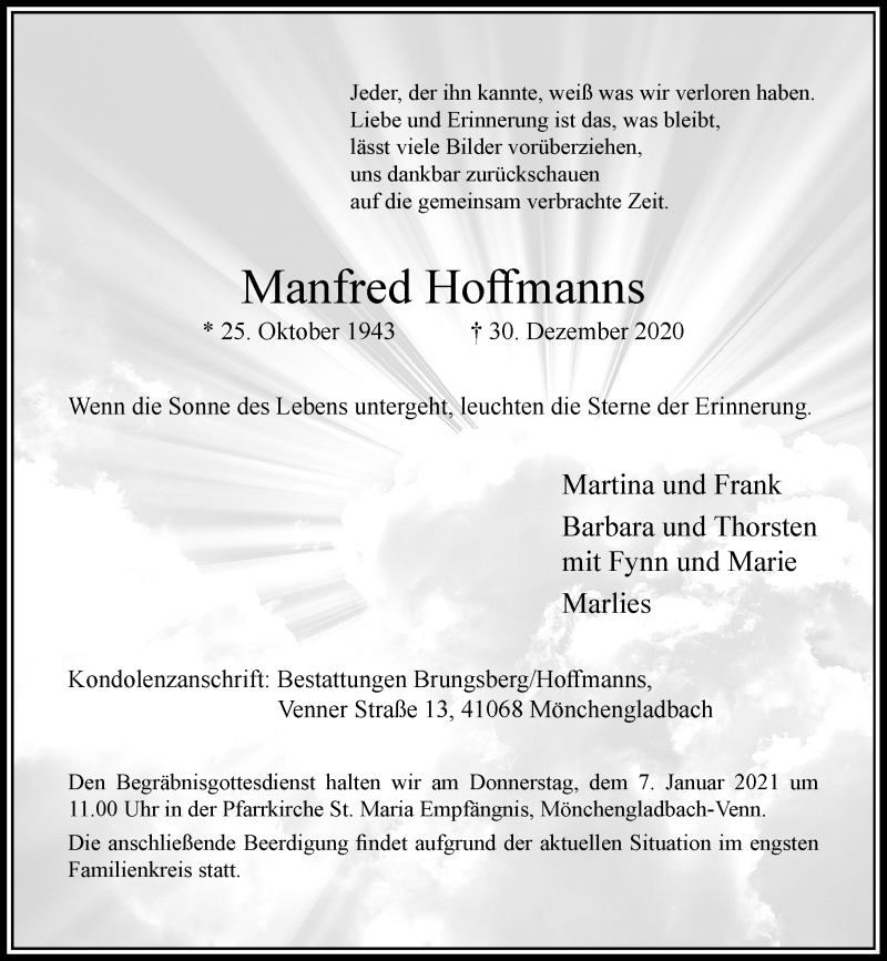 Traueranzeige für Manfred Hoffmanns vom 06.01.2021 aus Rheinische Post